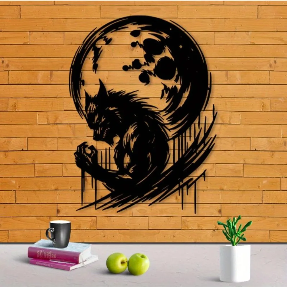 CIFbuy Aluminum Iron Gothic Werewolf Howling Moon Metal Wall Art Black Haunting Halloween Decor Durable Statue