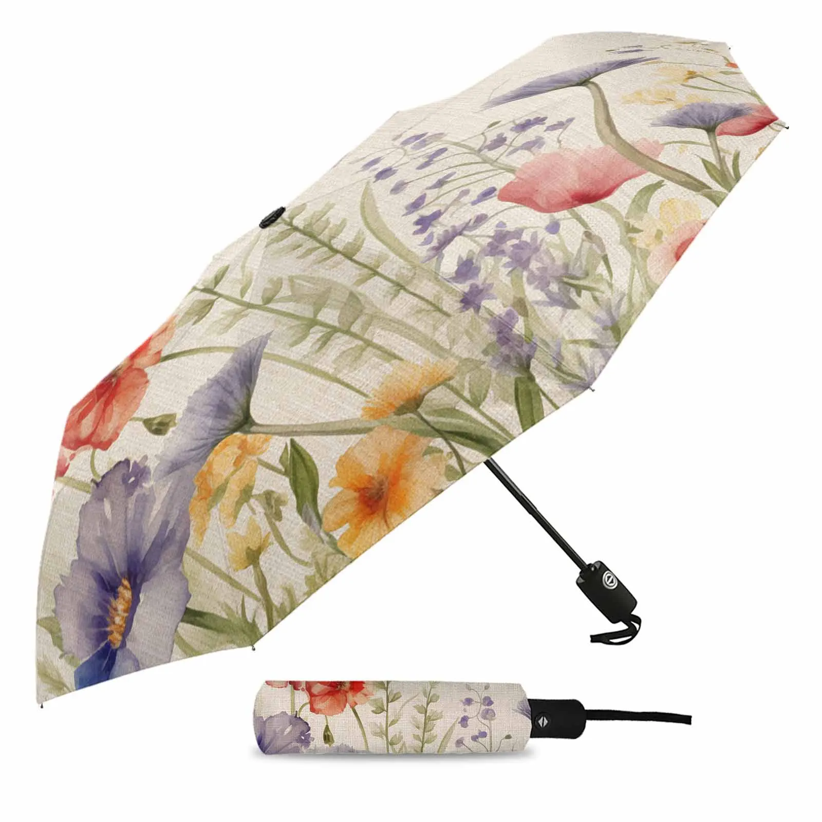 Watercolor Flower Plant Butterflies Lavender Daisies Outdoor Fully-automatic Folding Eight Strands Umbrellas for Adults Umbrella