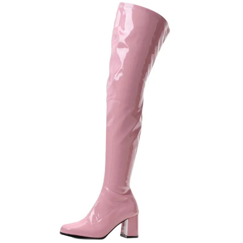 CACA stivali alti alla coscia con tacco quadrato da 9cm, Botas lunghi sopra il ginocchio da donna, scarpe da Pole Dance retrò GO GO, stile Cosplay