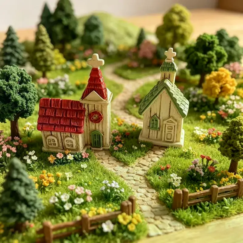 Green/Red Roof House Miniature Model Mini Resin Christmas Village Church Figurines Garden Scene Ornament Photography Prop