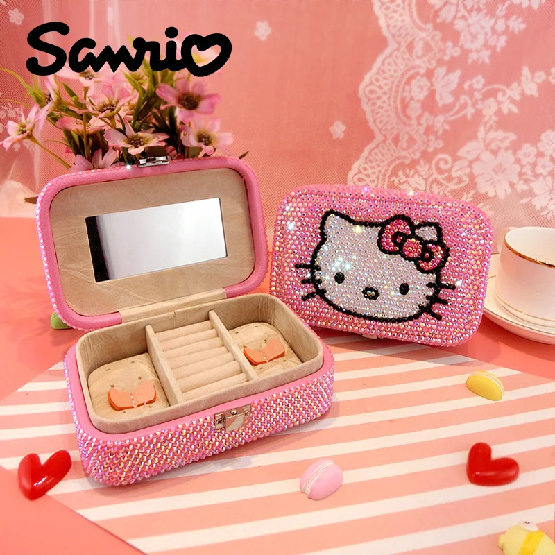 

Sanrio Creative Cartoon Hello Kitty Jewelry Box Sticking Diamond Cute Jewelry Bag Earnail Necklace Storage Box For Friends Gifts