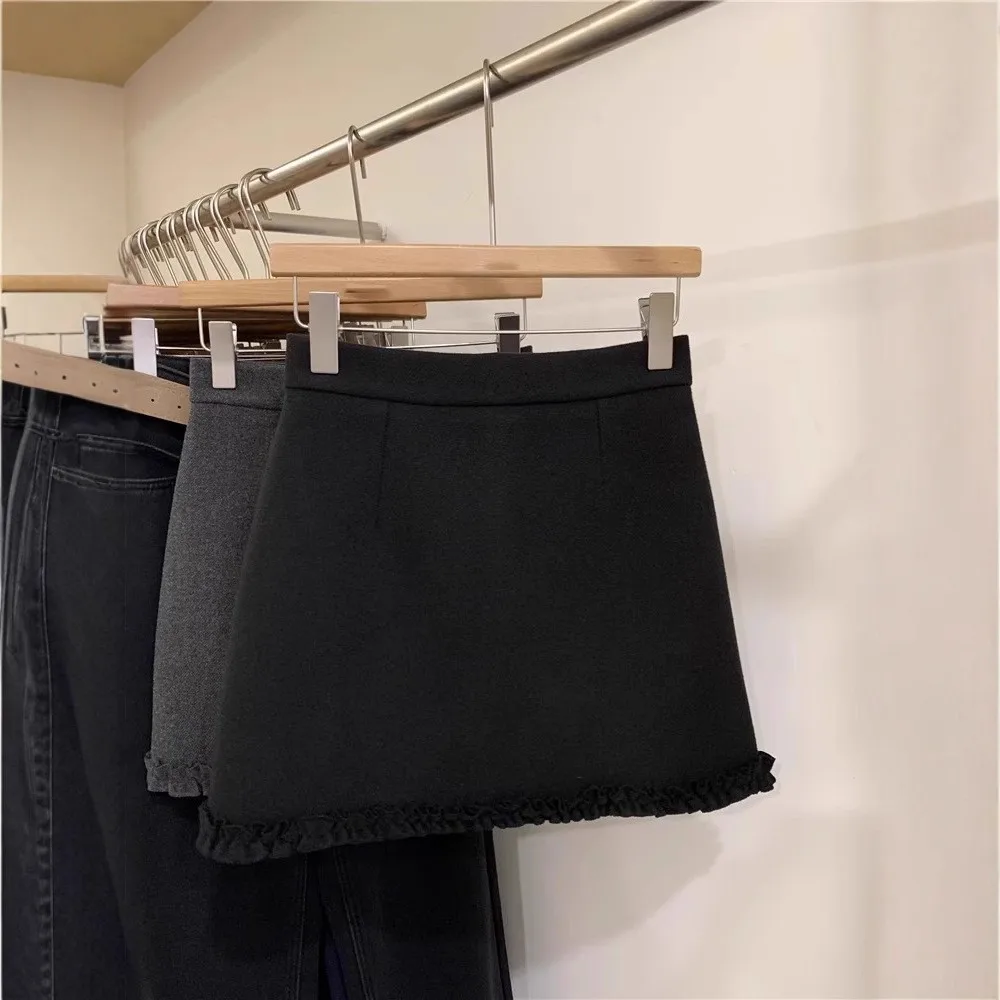 Grey Woolen  Skirt Women's Spring Autumn High Waist A-Line Bodycon Skirt Lace Splicing Slimming Short Skirt Small Figure