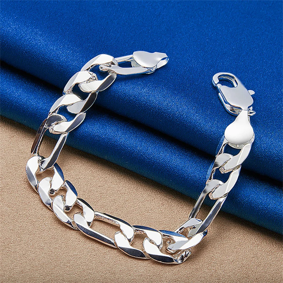 925 فضة 12 مللي متر 8 بوصة غرامة فيجارو سلسلة سوار الرجال النساء موضة الزفاف هدية مجوهرات حلية الشرير الطرف