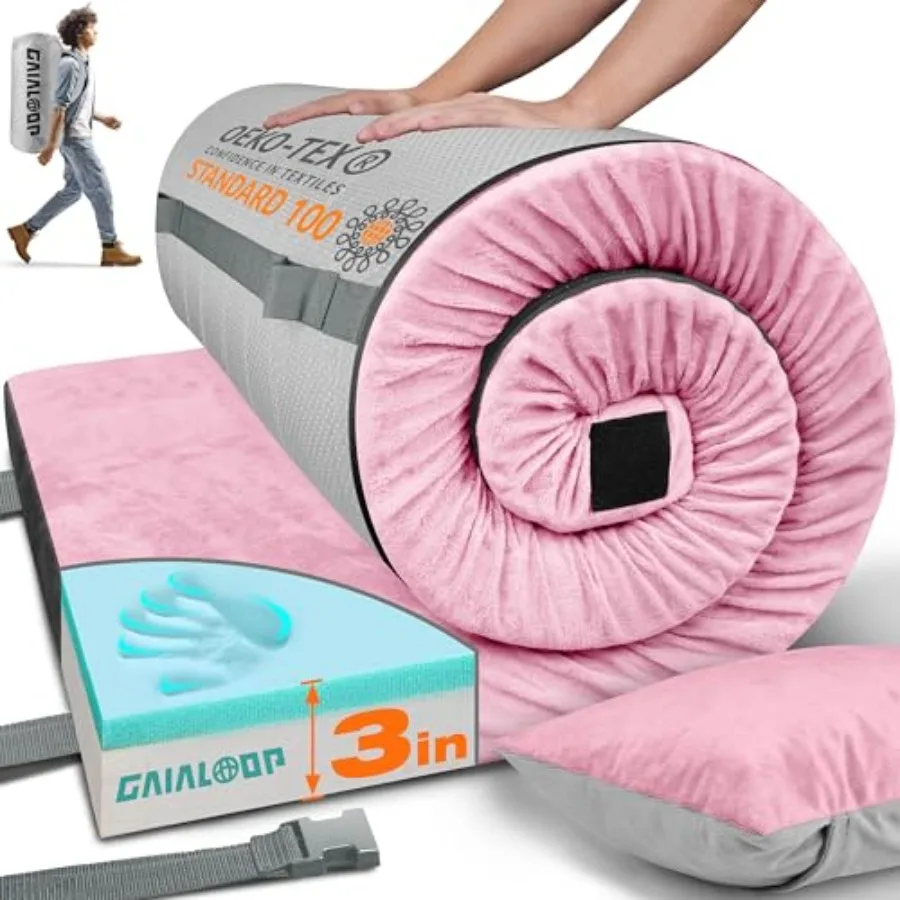 

3 Inch Memory Foam Camping Mattress Dual Layer Thick Sleeping Camp Pad for Car Tent Cot Roll-Up Portable Glamping Floor Bed for