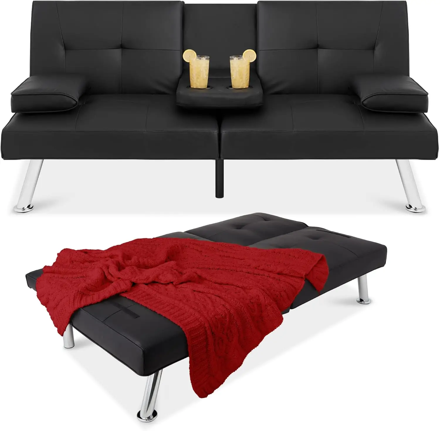 Products Faux Leather Upholstered Modern Convertible Futon, Adjustable Folding Sofa Bed, Guest Bed w/Removable Armre