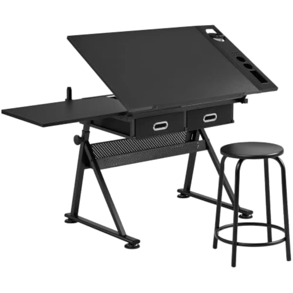 Drafting Desk with Tilt-Adjustable Surface 0–60 Degrees Height Range 69.5–92.5 cm Retractable Side Shelf Laptop Platform Dual Fa