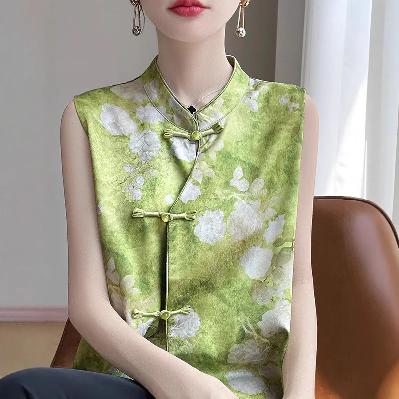 Chinese Style Hanfu Jacquard Silk Satin Tang Clothes Tops Elegant Outwear Vintage Button Asymmetry Cheongsam Vest