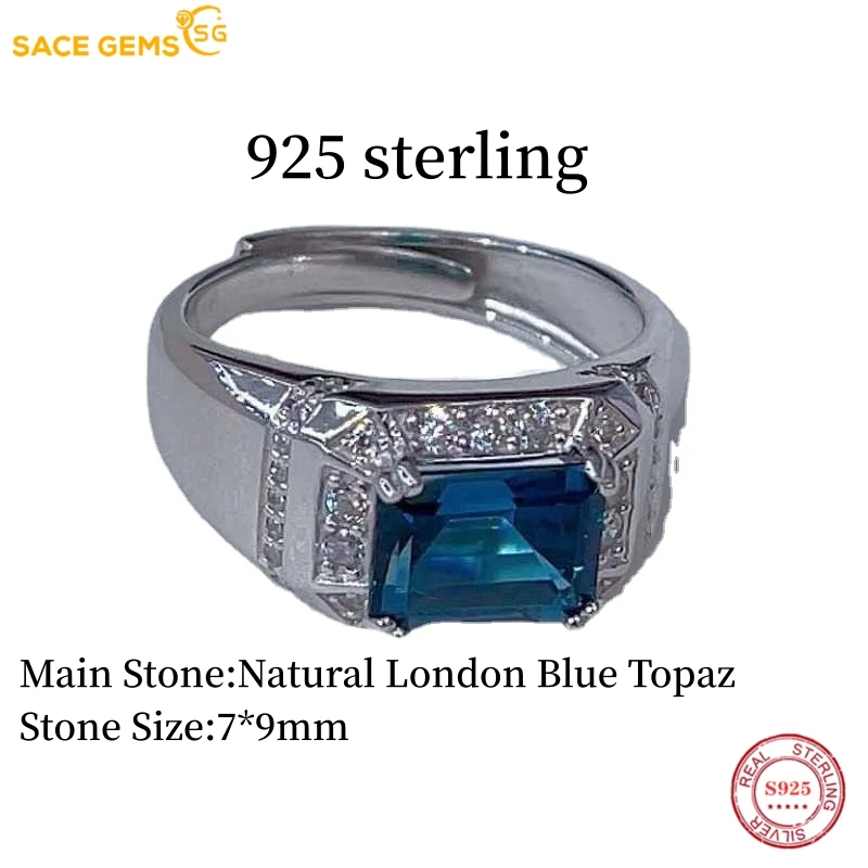 Imagem -03 - Luxo Londrino Azul Topázio Anel para Homens Prata Esterlina 925 Noivado de Casamento Joias Finas Natural 7x9 mm Novo