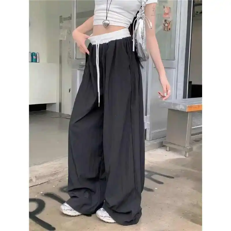 Pantalon décontracté à jambes droites pour femmes, drapé, taille haute, jambes larges, rue, en coton, taille haute, Long