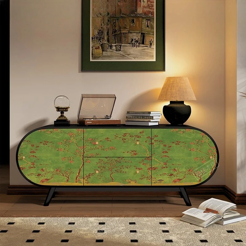 

Декоративный шкаф из массива дерева с зеленым цветочным узором для гостиной, прихожей, спальни.