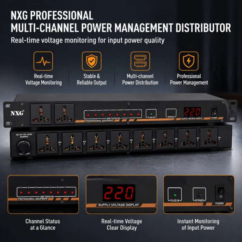 Network Server Surge Protector Power Distribution Device with 10 Sockets, Rack Mounted Power Board, Professional Power Sequence with Voltage Display Suitable for Studio and Home Theater Sound Systems, 10 Channel Audio Sequence Generator