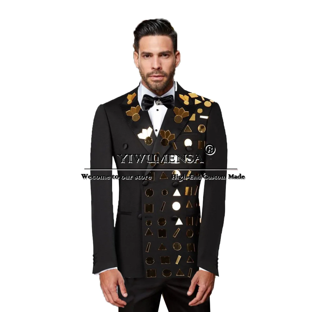 Man Fashion Groom Wedding Suits Tailor-made Double Breasted Gold Mirror Decorated Jacket Pants 2 Pieces Men's Tuxedo Clothing