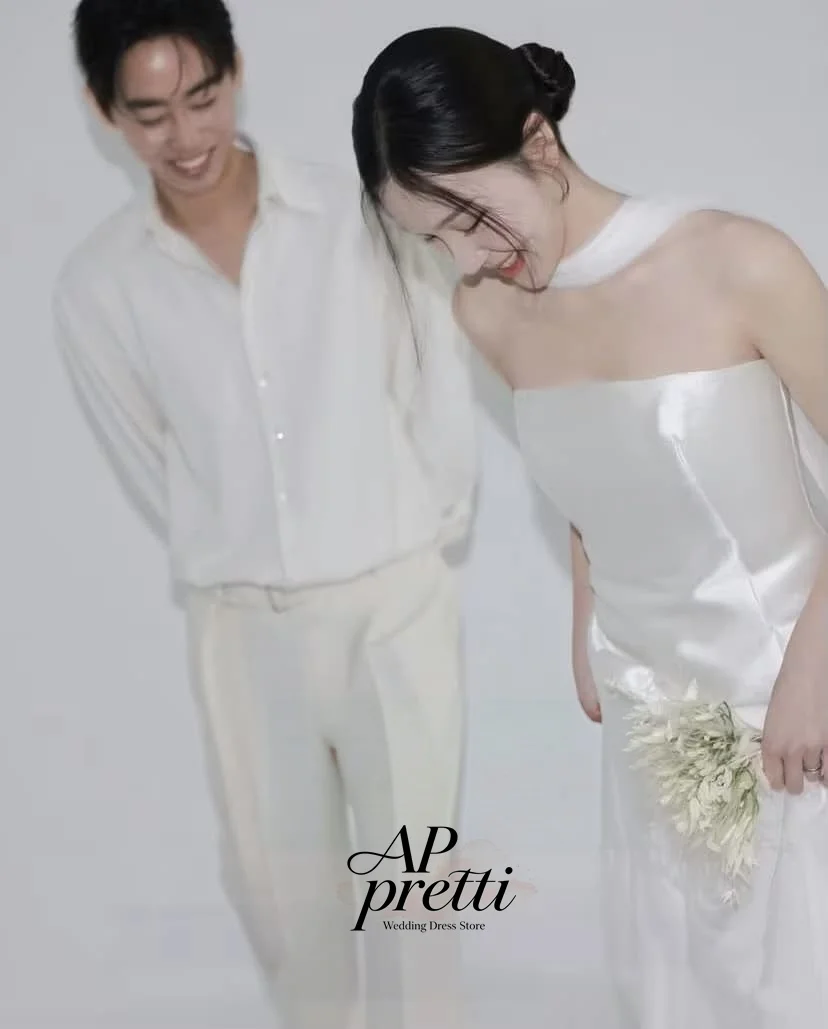 AP pretti Lovely Soft Satin Korea Wedding Dress Photo Shoot Strapless Customized Sleeveless Bridal Gown Floor-Length 웨딩드레스