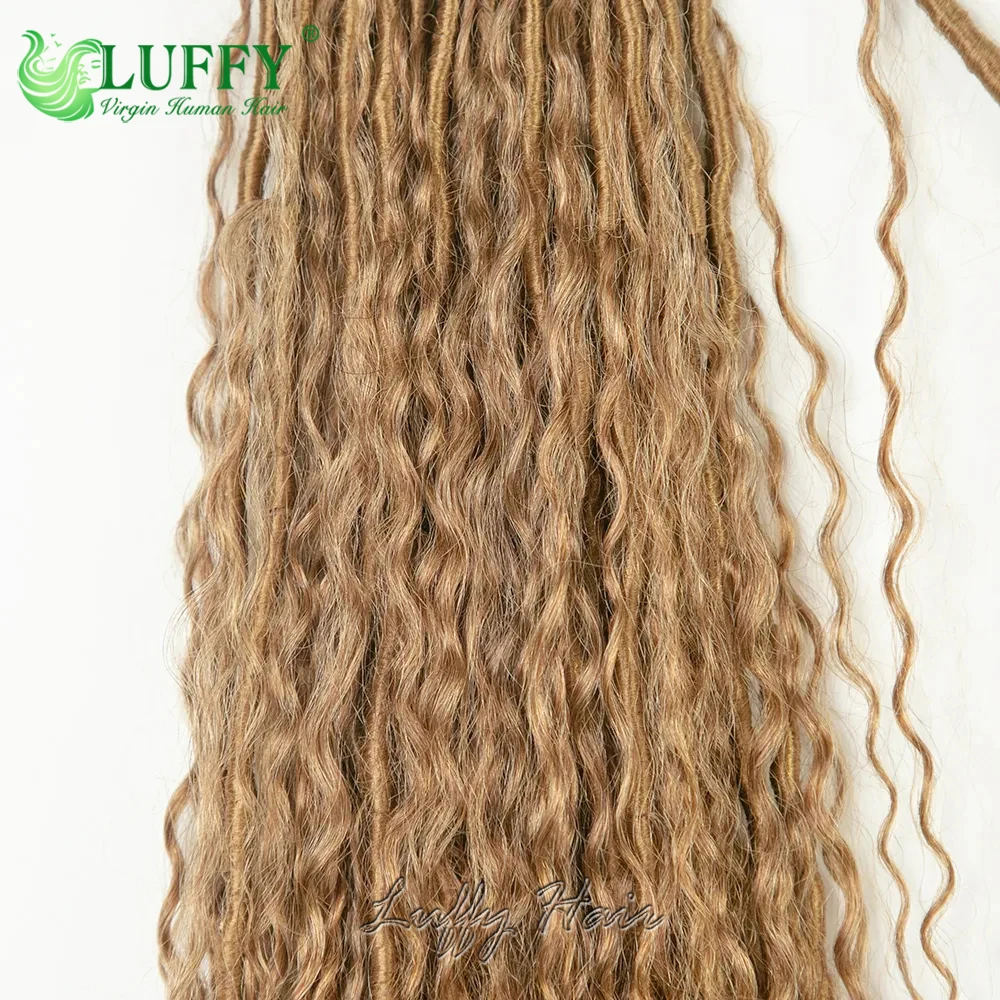 Rambut palsu #27 Honey Blonde Crochet Locs dengan rambut manusia keriting pra-melingkar dewi kepang rambut keriting rambut manusia ujung penuh