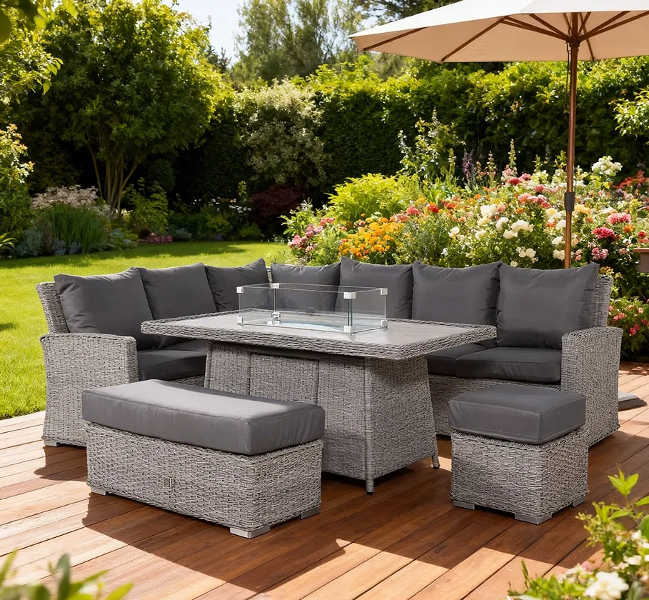 Durable Modern High Quality Grey Color Corner L Shape Leisure Style Aluminum Frame  Outdoor Rattan Garden Furniture Set
