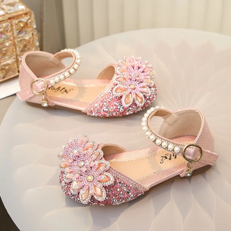 Children Performance and Runway Princess Shoes Colorful Diamond Pearl Bow Kids Sandals Casual Shoes Soft Sole Vacation Shoe