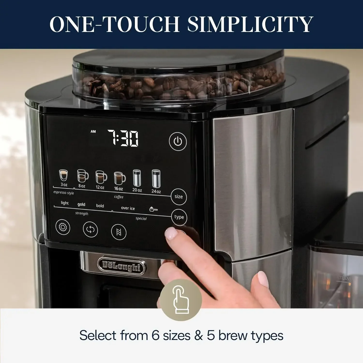 De'Longhi True Brew Coffee Maker with Built in Grinder Single Serve 8-24 oz Hot Iced Coffee Stainless CAM51025MB