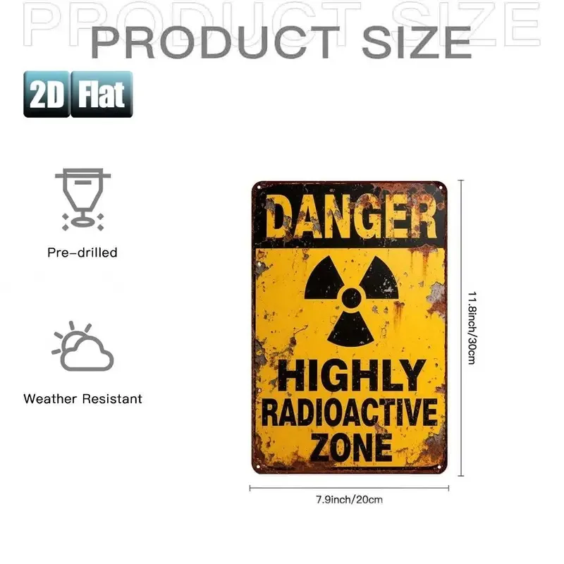 2D Flat 1pc Retro Warning Aluminum Sign- Vintage Radioactive Hazard Zone Metal Tin Wall Decor Suitable for Room Bar Garage Cave