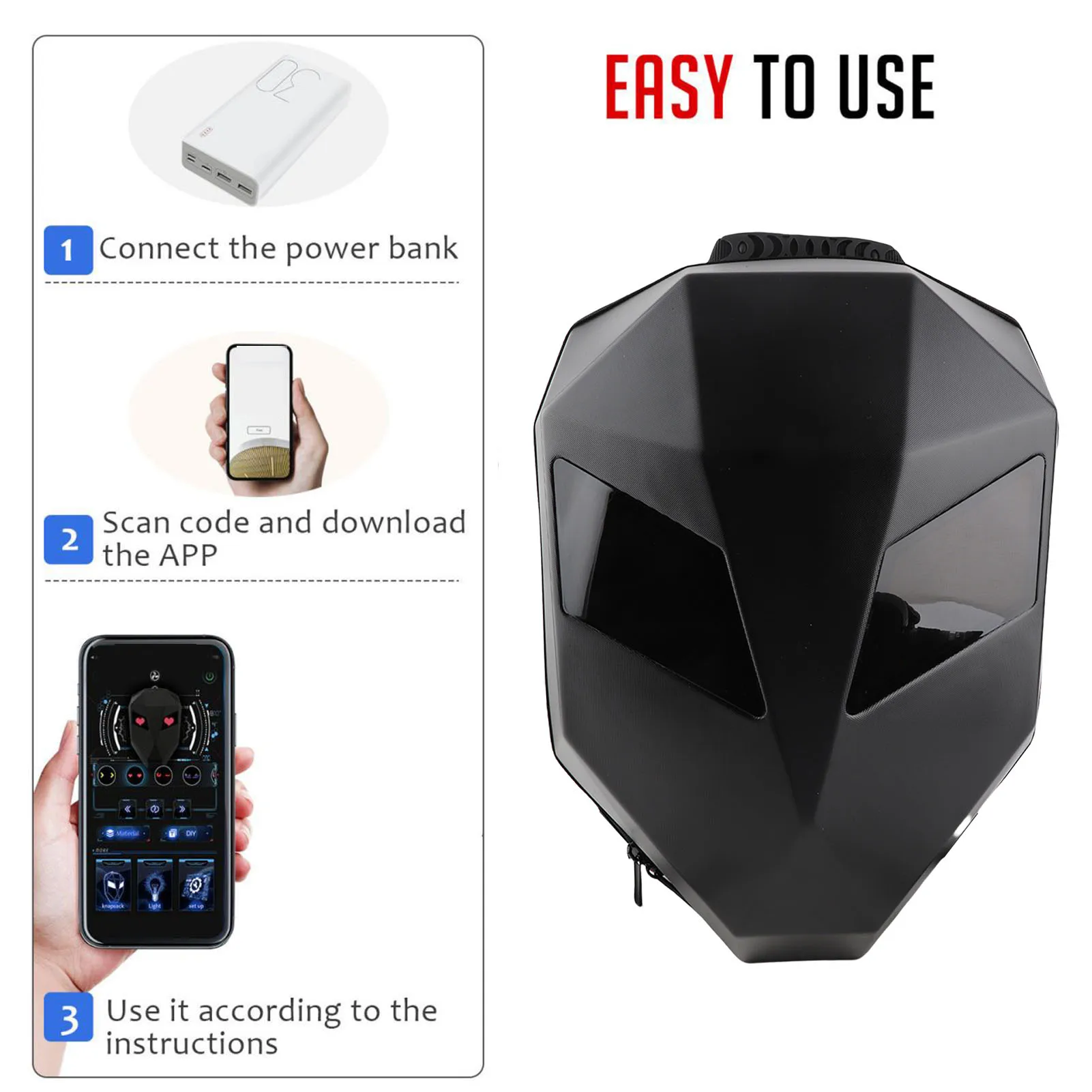 حقيبة ظهر بلوتوث LED حقيبة ظهر LED مزودة بتقنية البلوتوث للتحكم في التطبيقات وشاشة قابلة للبرمجة حقيبة خوذة ذات هيكل صلب للسفر وركوب الدراجات النارية