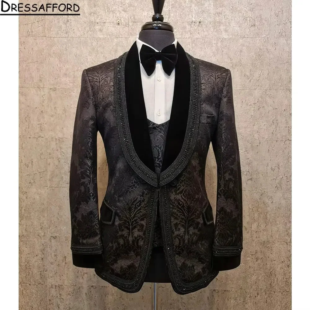 Black Beading Pearls Groom Wear Jacquard Formal Men Suits 2 Piece Jacket And Pants Sets Smart Casual Business Blazer