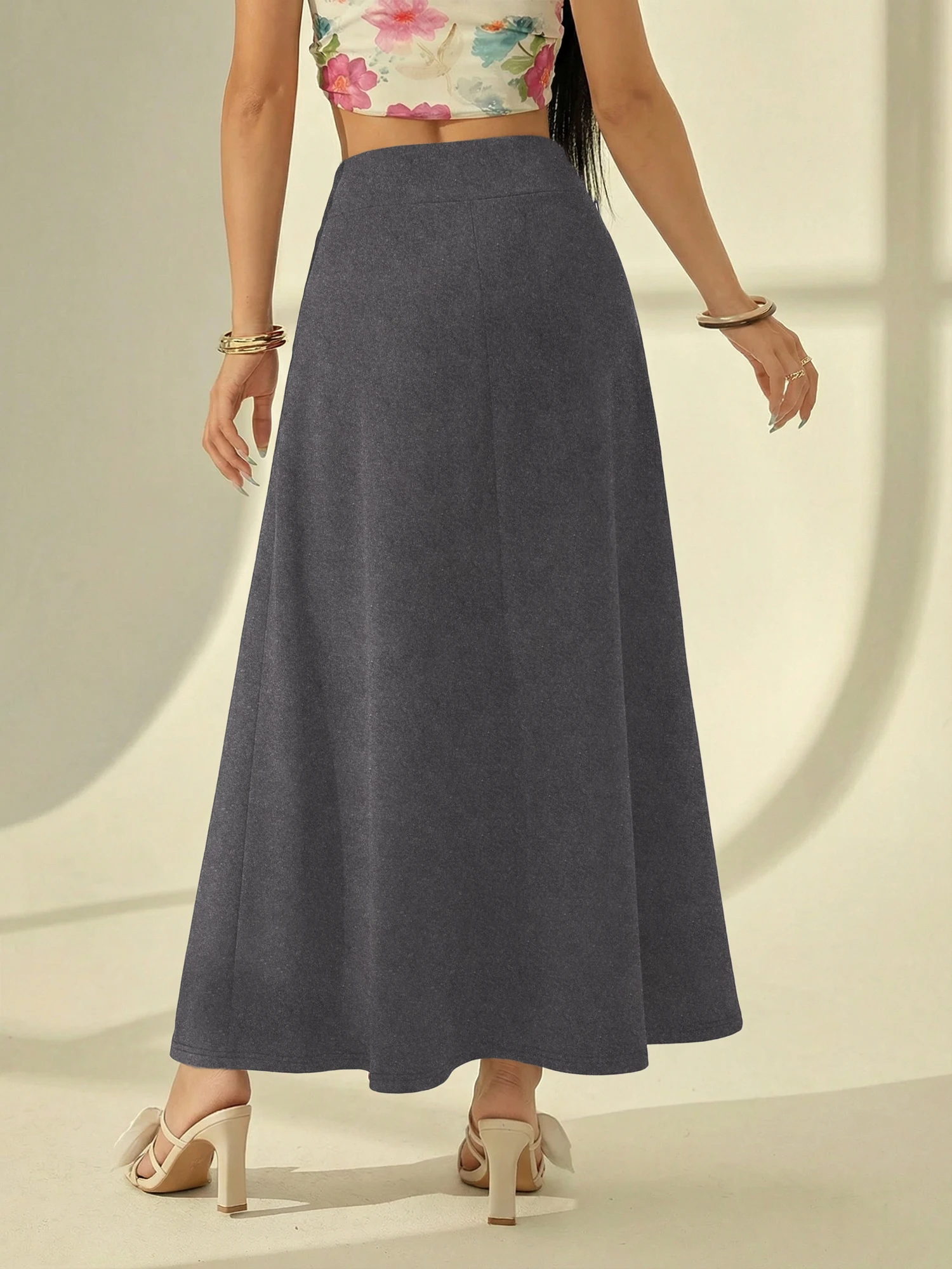 Solid Soft Stretch A‑Line Maxi Skirt For Ladies High Waist Wide Waistband Swing Long Skirt Simple Daily Wear Bottoms