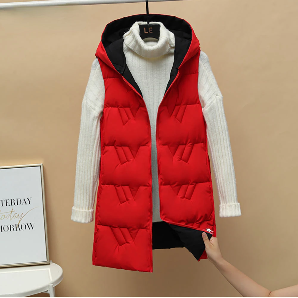 

Autumn Winter Two Sides Wear Long Vest Warm Hooded Waistcoat Women Coat Thicken Cotton Padded Female Sleeveless Jacket New 2021