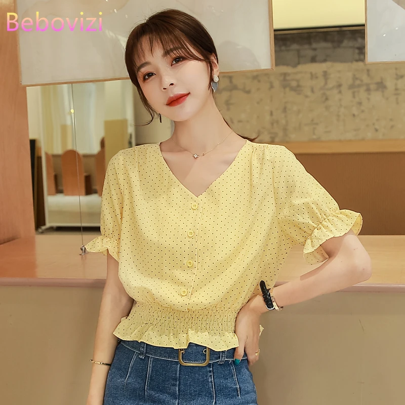 2024 Summer New Women\'s Korean Style V-neck Blouses Top Slim Waist Polka Dots Yellow Chiffon Shirt