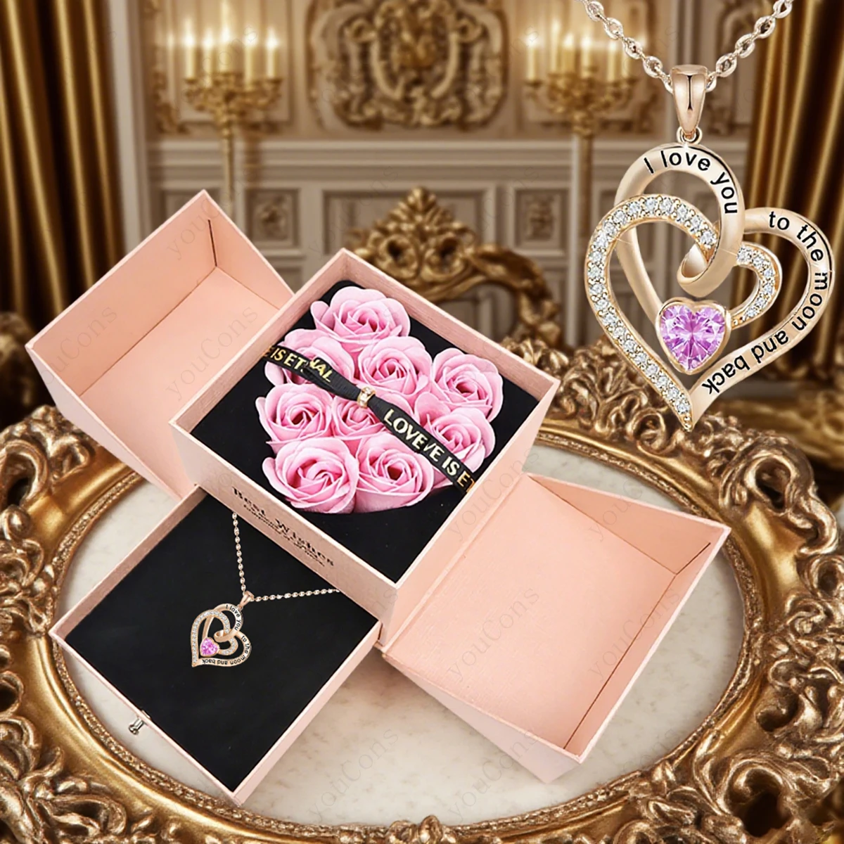 Collar con colgante de circón en forma de corazón con caja de regalo con lazo rosa, nuevo conjunto para novia, esposa, regalo de cumpleaños, Navidad, Día de San Valentín, 2025