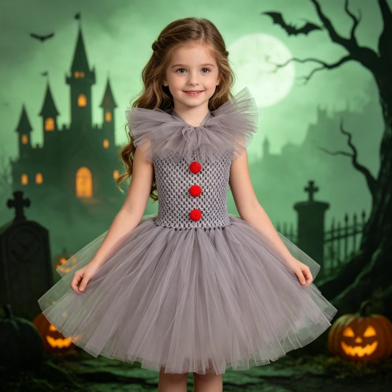 Girls' Clown Themed Dresses for Halloween, Exquisite Performance Dresses for Kids' Holiday Parties, Puffy Tulle Skirts for Stage