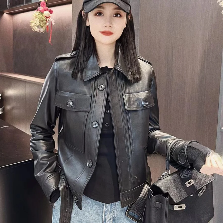 

Женская куртка из натуральной овчины Ning, свободного кроя, черная, в байкерском стиле, весенне-осеннее модное пальто для женщин