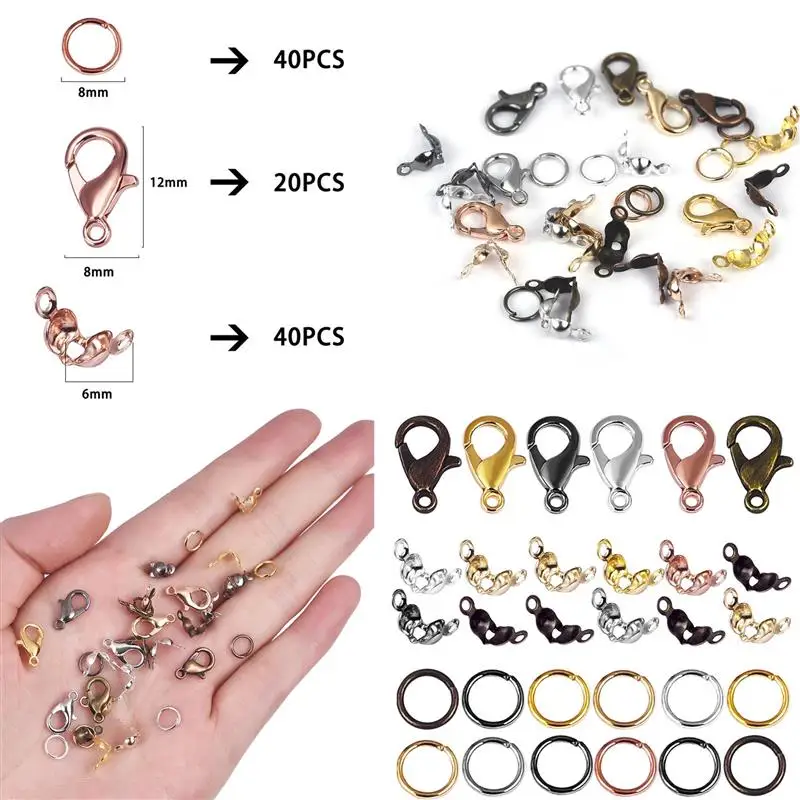 100pcs/Lot Lobster Clasp Jump Rings Connector Clasp Crimp End For Bracelet Necklace Chains DIY Jewelry Making Findings Accessory