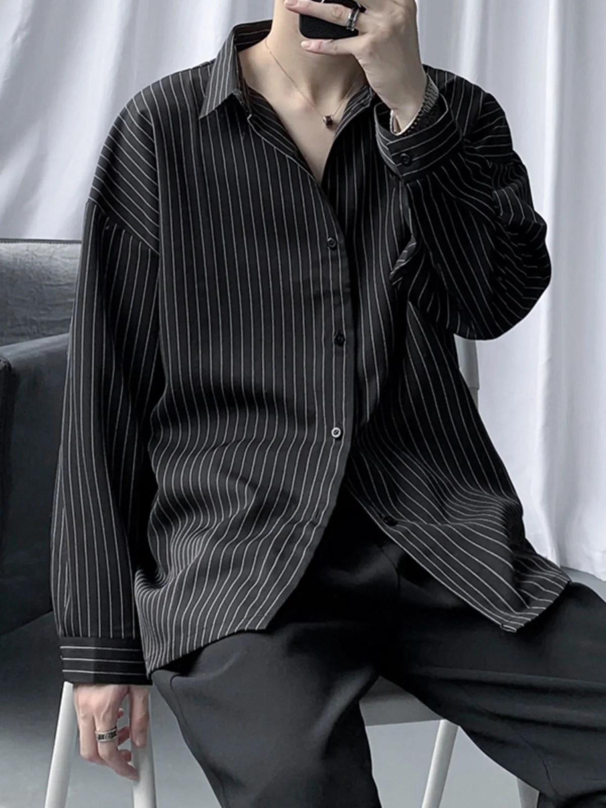 

Fall Fashionable Men's Striped Shirt Long Sleeve Loose Retro Korean Style Casual Top Quality Color Woven Fabric Iron Free