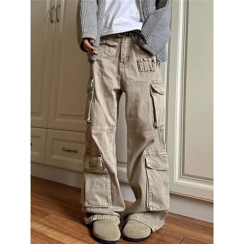 Khaki Jeans Women Multiple Pockets Y2K Vintage High Waisted Jean Straight Trouser Streetwear Casual Loose Wide Leg Denim Pants