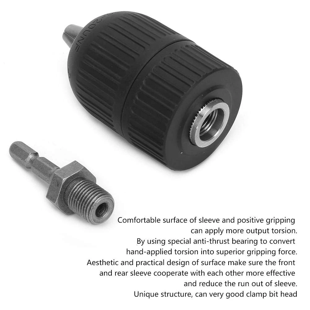 

Electric Drill Chuck, 1/2-20UNF Keyless Drill Chuck, 2.0-13MM Keyless Drill Chuck Adaptor + 1/4 Hex Connecting Rod-A98U