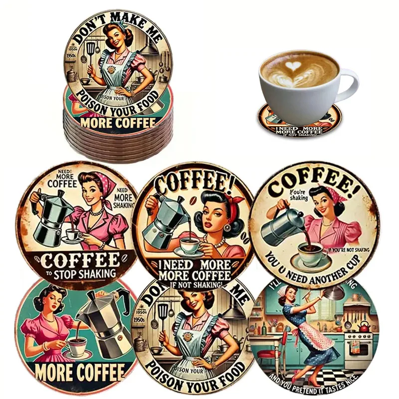 A Set of 6-Piece Cartoon Character Pattern Color-Printed Wooden Coasters Is Suitable for Halloween and Christmas Gifts