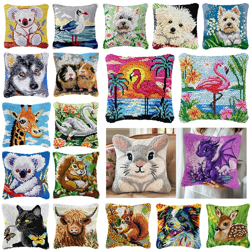 

Flamingo Rabbit Segment Embroidery Pillow Animals Grass Coarse Wool Cross Stitch 3D Latch Hook Kit Carpet DIY Embroidery