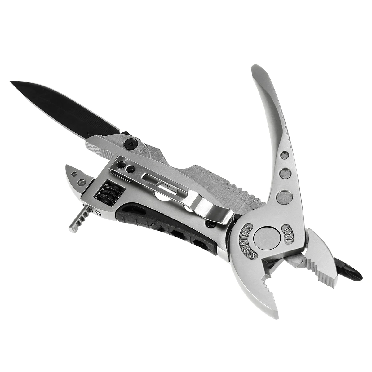 

Multifunction Outdoor Tool Silver Stainless Steel Compact Adjustable Wrench Screwdriver Pliers Camping Hiking Travel Gear