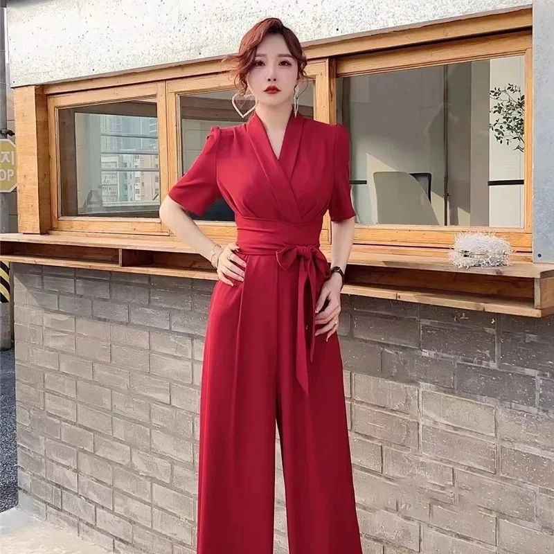 Jumpsuits Summer New High end Jumpsuit Women\'s Elegant Solid Color High Waist Slim Lace up Wide Leg Dropping Bodysuit Women Sets