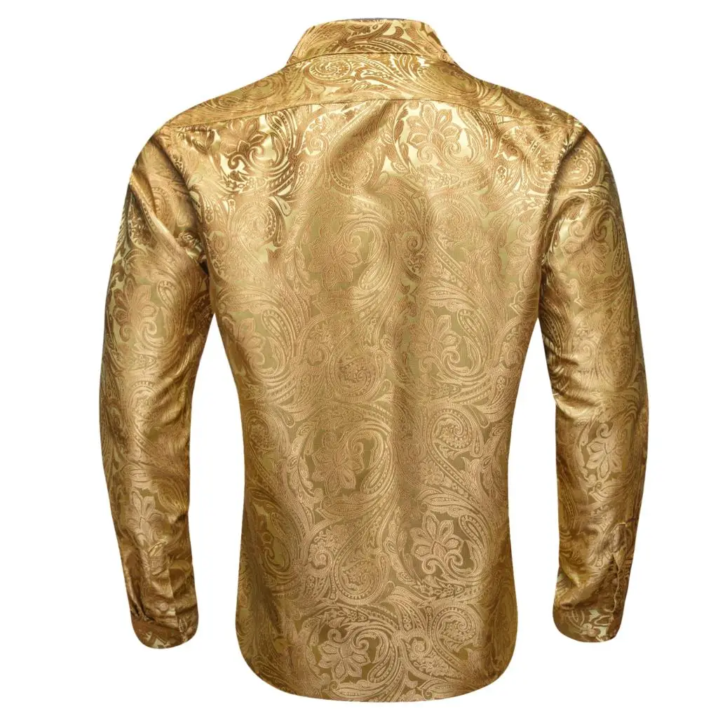 Shirts for Men Silk Embroidered Gold Paisley Silk Long Sleeve Slim Fit Male Blouses Turn Down Collar Tops Breathable Barry Wang