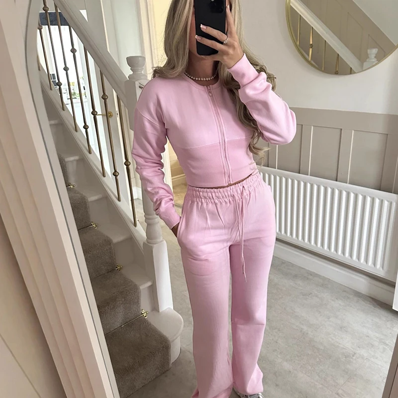 

Модный топ с круглым вырезом и длинными брюками, спортивный наряд, элегантный тонкий костюм из 2 предметов с длинными рукавами, женский повседневный простой однотонный комплект уличной одежды с карманами