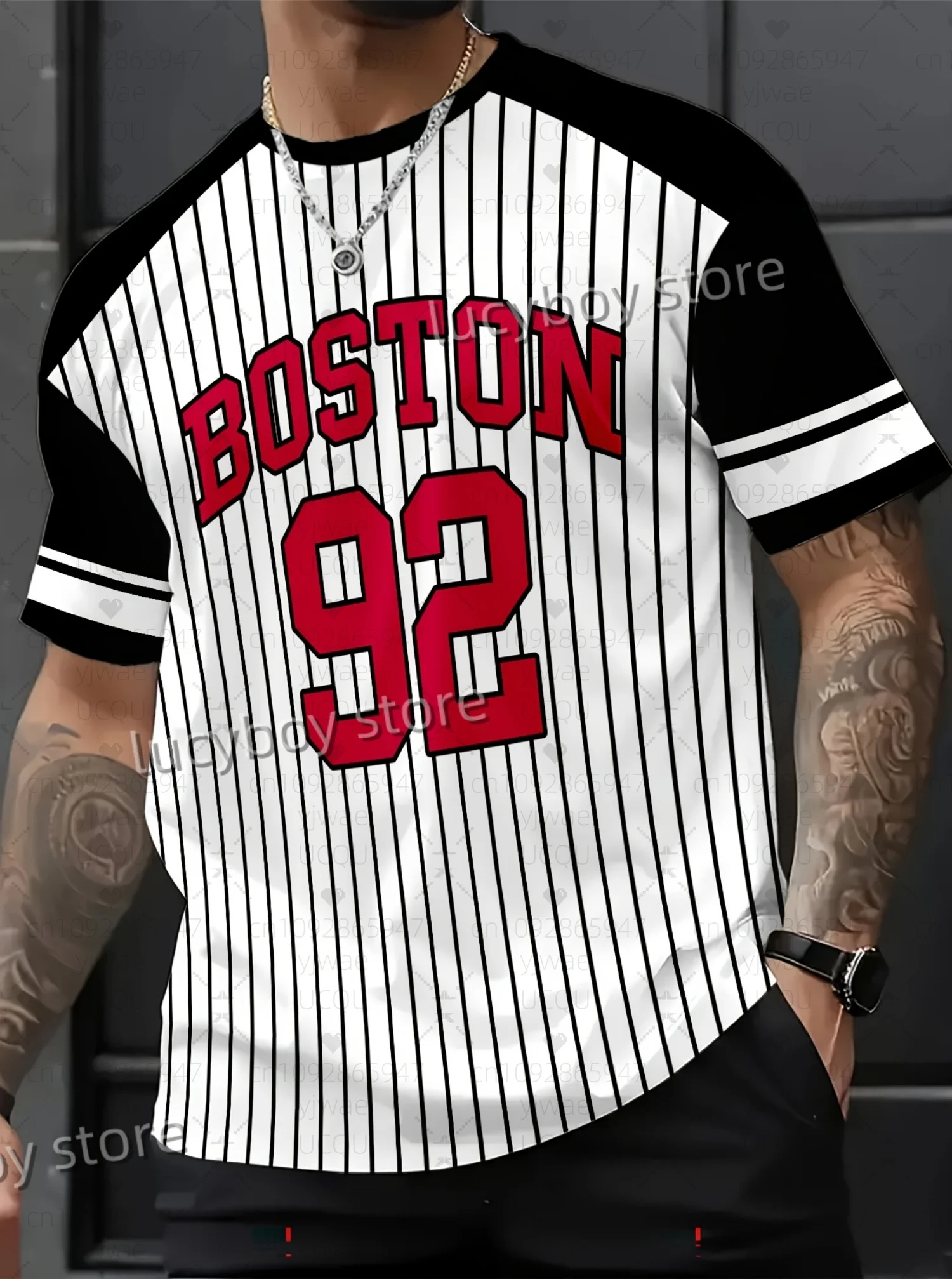 2025 Autumn Men Stripe No.92 Boston Print Football Jersey T Shirt O-Neck Short-Sleeved Top Daily Street Men T-Shirt Men Clothing