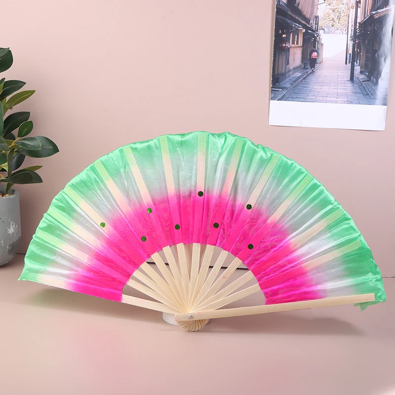 

30cm Chinese Short Bellydance Fan Bamboo+10/20cm Half Circle SilkVeil Pairs Yangko Belly Dancing Fan Hand Dye Adults