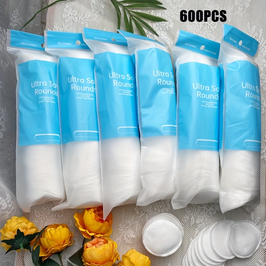 600-Count Disposable Premium Round Cotton Pads for Face Washing and Makeup Removal—Three-Layer, Extra-Thick, Ultra-Soft,