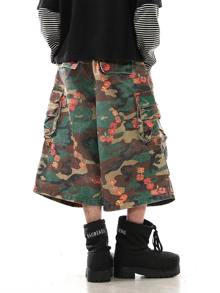 Knee-length Fit Straight Design Camouflage Print Leisureful Multi-Pocket Work Pants Loose Fitting Camouflage Summer Shorts Mens
