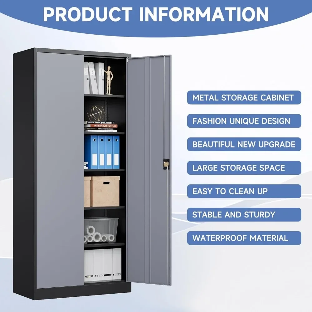 71" Tall Metal Garage Cabinet - Lockable Tool Storage w/2 Doors & 5 Adjustable Shelves"​