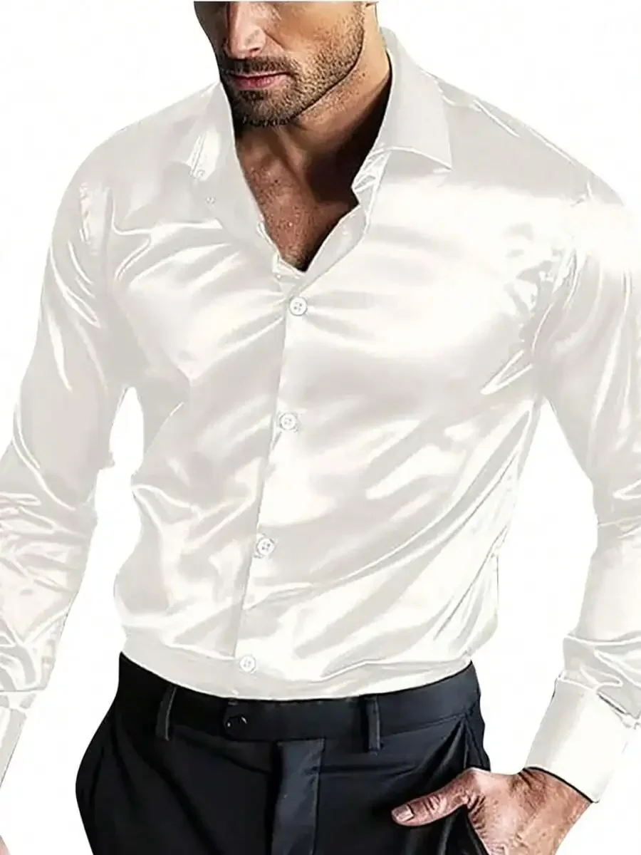 

Mens Shiny Satin Dress Shirt Long Sleeve Slim Fit Button Up Casual Formal