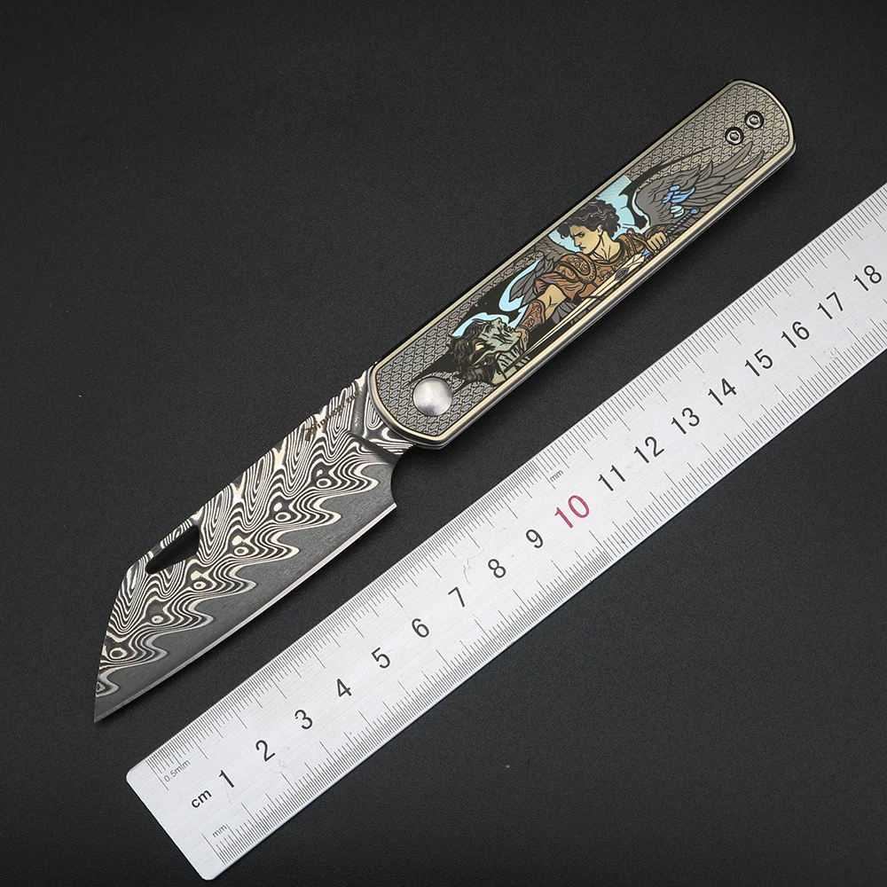 XUANTENG [Angel Overcomes the Devil] Titanium alloy handle pocket knife VG10 Damascus folding knife view 2