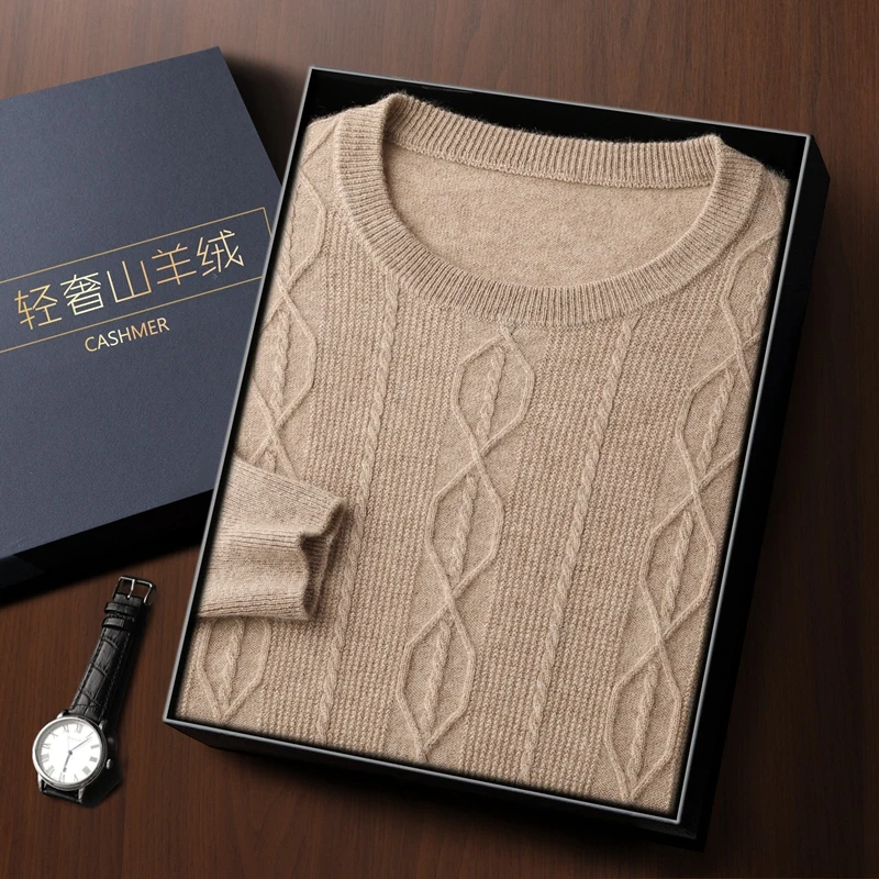 New autumn and winter men's thick cashmere sweater with a round neck and twisted pattern, casual knitted warm solid color top
