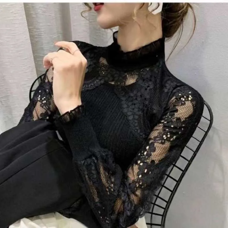 Elegant Stand Collar Lace Hollow Out Princess Sleeve Blouses Women Clothing 2024 Spring New Slim Korean Tops Office Lady Shirts