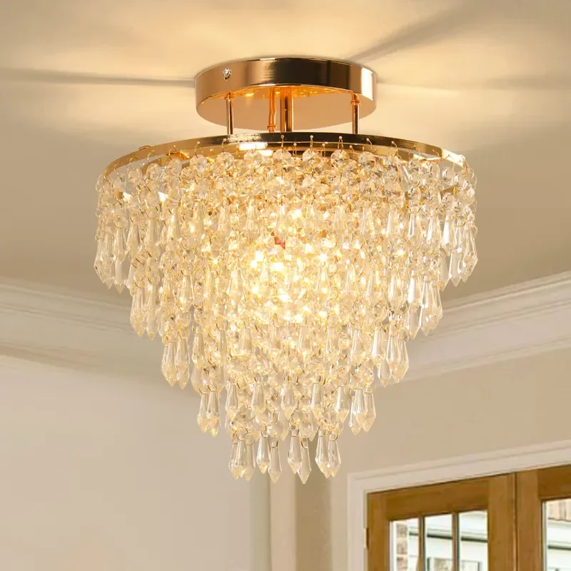 Modern Crystal Chandelier for Living Room or Bedroom Gold and Chrome Ceiling Lamp Round Decorative Light Fixture with E27 E26